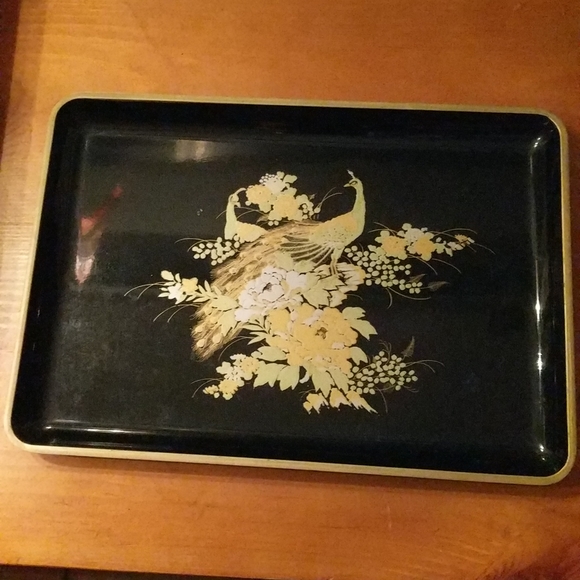 Otagiri Original Gold Peacock Flowers Black Lacquer Tray Dish Hand Crafted Japan - Picture 2 of 14
